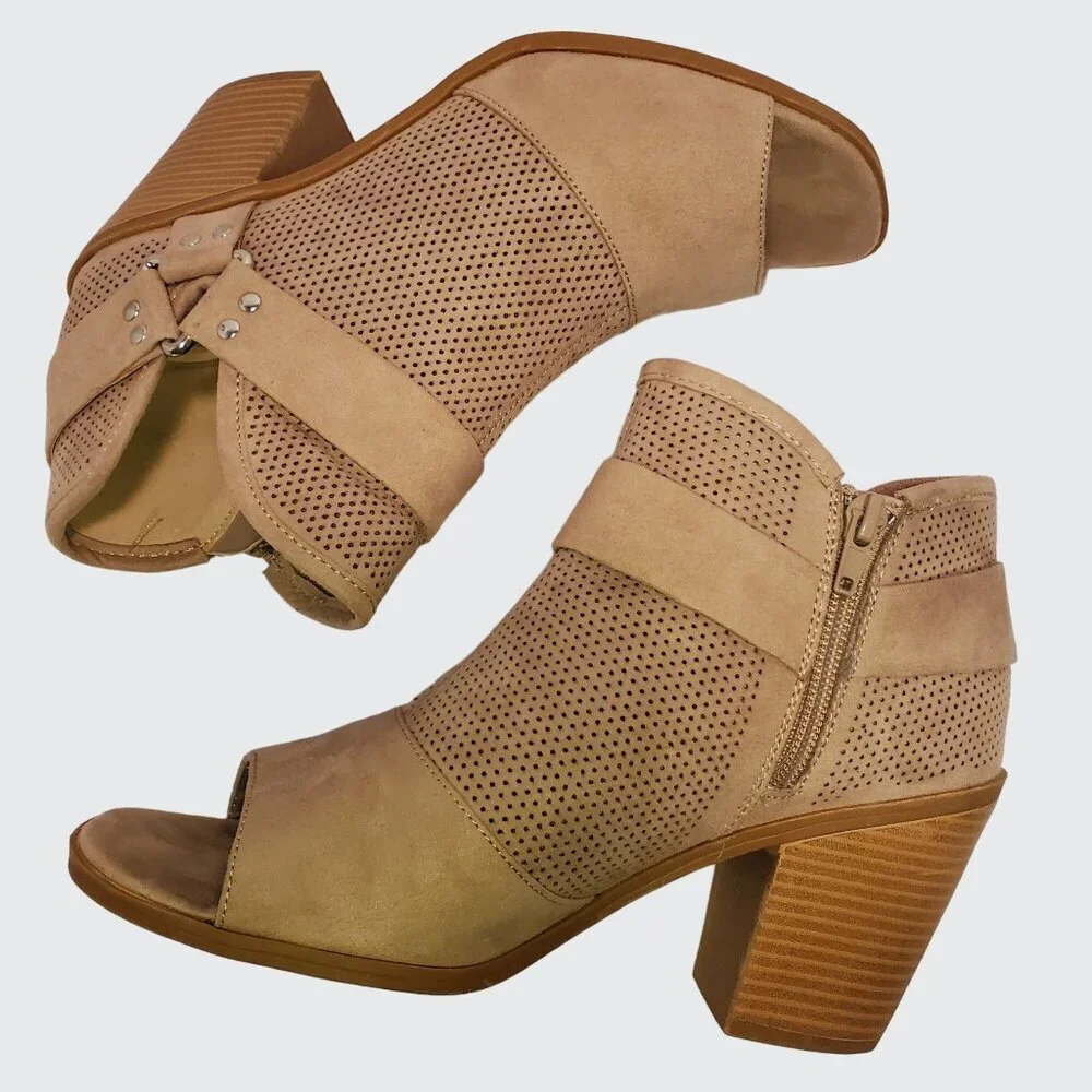 Fergalicious Augustine Open Toe Ankle Booties Side Zipper Entry Tan Size 38 - Picture 3 of 11